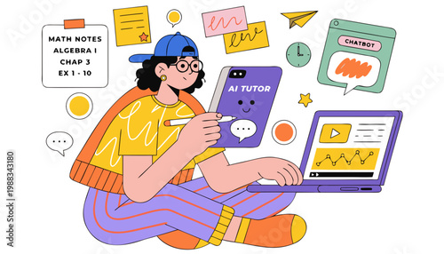 Student using ai tutor on tablet while studying math notes and laptop with online lessons and chatbot, modern education technology concept