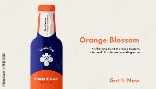 Sparkling water bottle with orange blossom flavor and citrus mint infusion, refreshing beverage product design for healthy lifestyle concept
