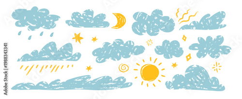 Cute weather doodle set with sun, cloud, rain, and moon elements. Hand drawn crayon style perfect for kids design and educational use.