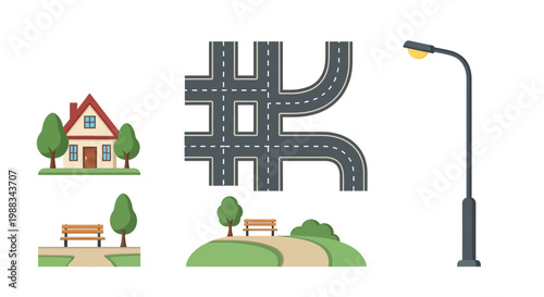 Illustrated vector elements of house, road, park bench, trees, and street lamp in design