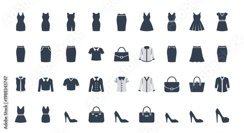 Minimalist Fashion Elements: Dresses, Skirts, Blouses, Bags, and High Heels Icons