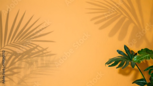 A serene tropical background with palm shadows and a green plant on a yellow wall