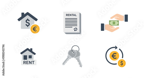 Real estate and rental concept with various icons related to housing and finance