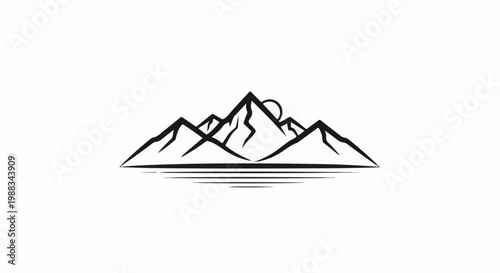 Stylized mountain range with sun behind peaks, reflected in water