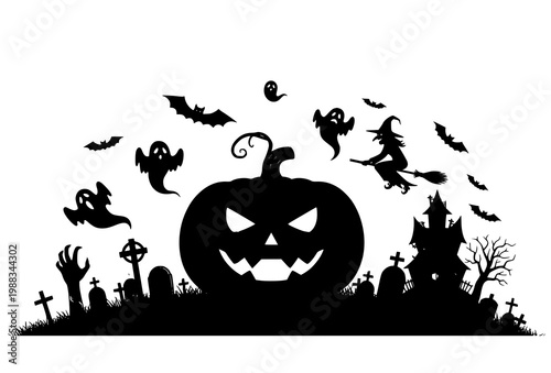 Halloween party poster vector with pumpkin ghost witch bat haunted house cemetery zombie hand silhouette design