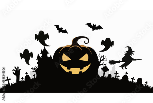 Halloween party poster vector with pumpkin ghost witch bat haunted house cemetery zombie hand silhouette design