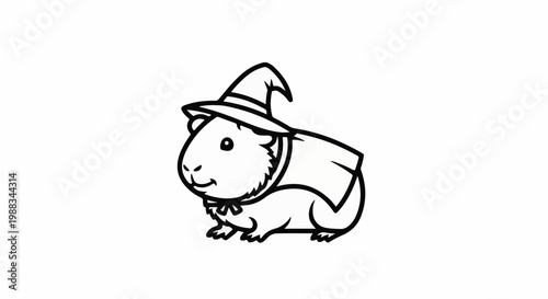 Adorable cartoon guinea pig dressed as a wizard in a pointed hat and cape