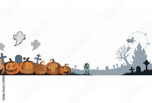Halloween banner vector template with graveyard pumpkins ghosts bats haunted mansion witch zombie hand silhouette scene