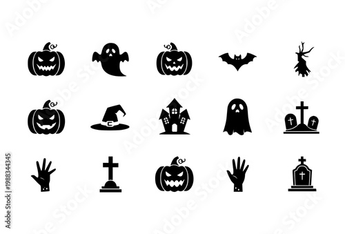 Minimal Halloween flyer vector with pumpkin ghost bat witch haunted house cemetery zombie hand silhouette icon set layout