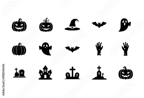 Minimal Halloween flyer vector with pumpkin ghost bat witch haunted house cemetery zombie hand silhouette icon set layout