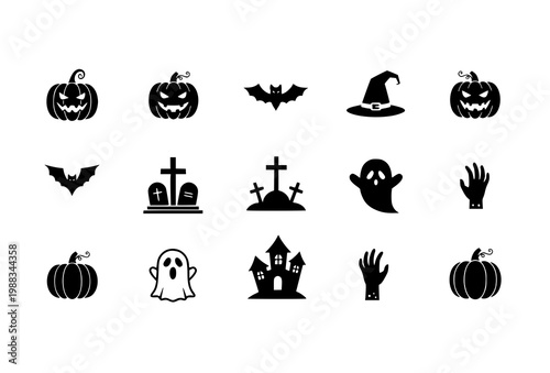 Minimal Halloween flyer vector with pumpkin ghost bat witch haunted house cemetery zombie hand silhouette icon set layout