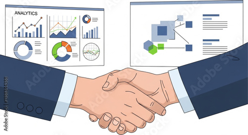 Business partners shaking hands over financial reports and charts.