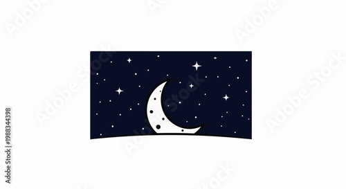 Crescent moon with polka dots on a starry night over a snowy landscape
