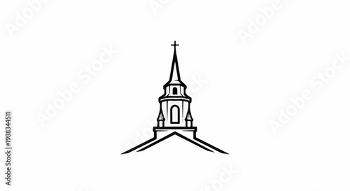 Stylized church steeple with arched windows and cross