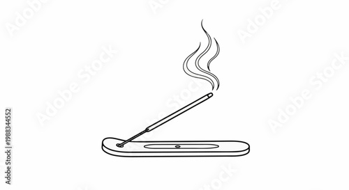 Minimalist line drawing of an incense stick burning on a flat holder, emitting smoke