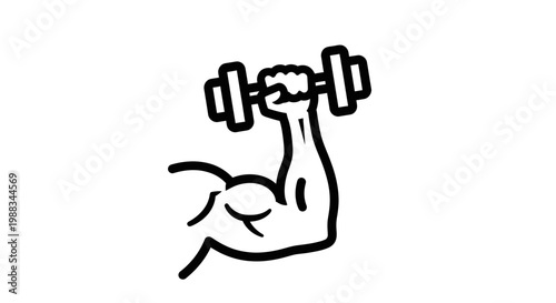 Illustrated arm flexing with dumbbell representing fitness and strength in a simple outline style