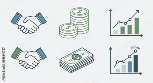 Business Icons Representing Handshake Money and Growth Charts.
