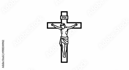 Stylized line drawing of a crucifixion scene on a white background