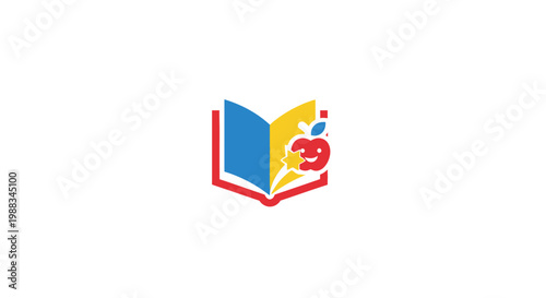 Educational emblem showing a vibrant book with an apple icon for a learning institution.