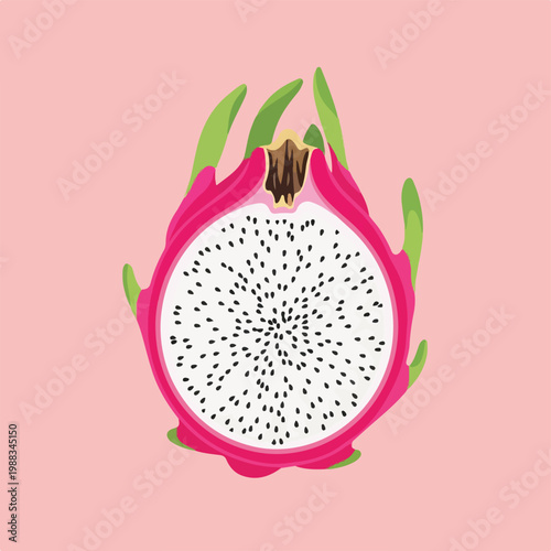 A stylized illustration of a cut dragon fruit on a pink background