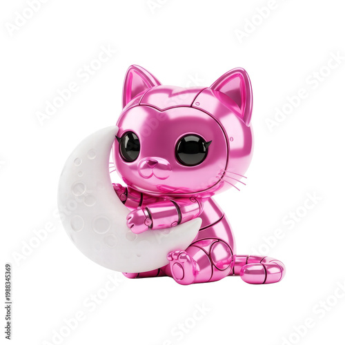 Shiny pink robot cat holding crescent moon