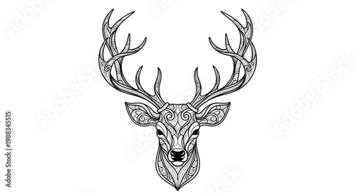 Intricate Stag Head Illustration with Ornate Antlers.