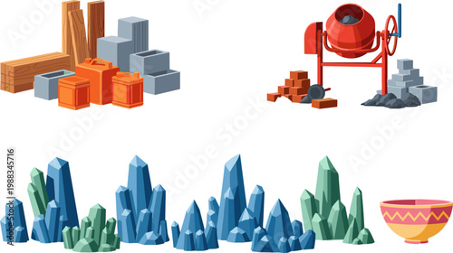 Construction Materials Set with Wooden Planks, Cement Mixer, Building Blocks, Crystals, and Decorative Bowl for Building and Crafting Illustrations