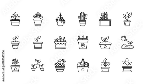 Set of 18 Flowerpot and Indoor Plant Outline Icons with Potted Plants and Gardening Concepts Vector Illustration on White Background