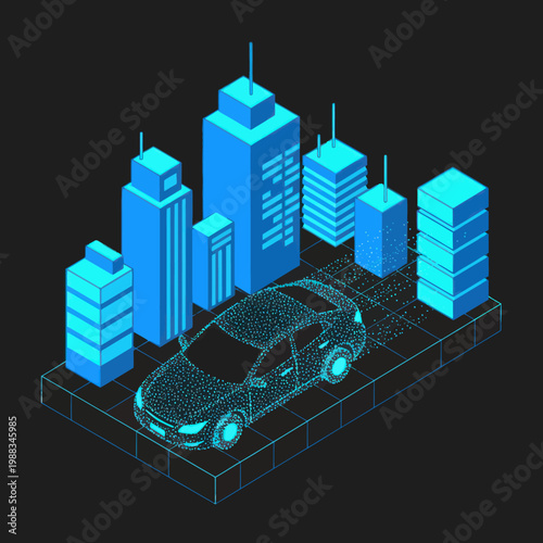 Isometric Cityscape with Autonomous Car - Futuristic Urban Mobility Concept.