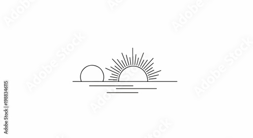 Minimalist line art of a sun rising over water with rays