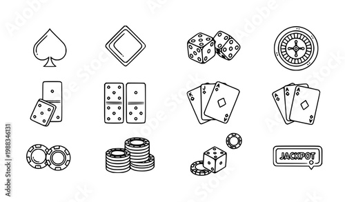 Set of 9 Casino and Gaming Outline Icons with Dice, Roulette, Playing Cards, Chips and Domino Vector Illustration on White Background