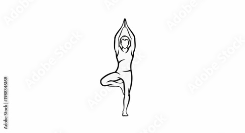 Minimalist line art of a person in a tree pose, arms raised overhead