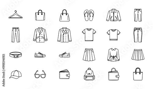Set of 18 Casual Fashion Outline Icons with Clothing, Accessories and Everyday Wear Concepts Vector Illustration on White Background