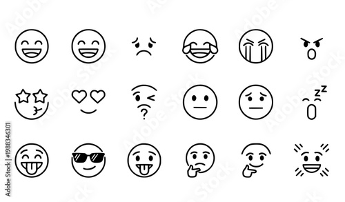 Set of 18 Emoticon and Emoji Filled Icons with Happy, Sad, Laughing and Star Eyes Expressions Vector Illustration on White Background