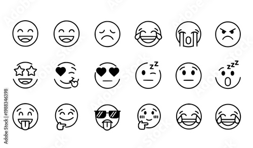 Set of 18 Emoticon and Emoji Filled Icons with Happy, Sad, Laughing and Star Eyes Expressions Vector Illustration on White Background