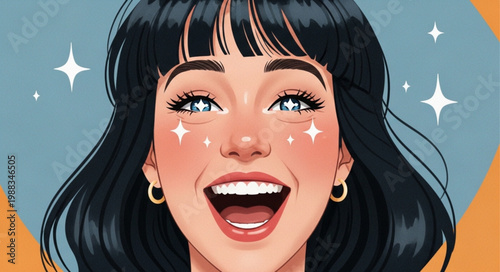 Joyful Young Woman with Sparkling Eyes and Open Mouth.