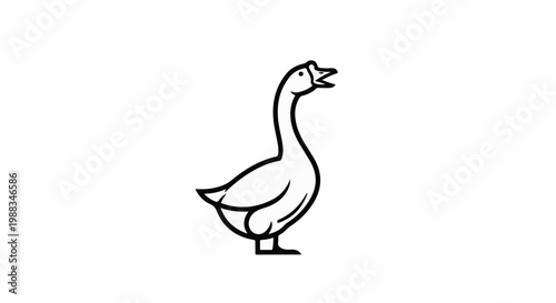 Simple black and white line drawing of a goose with an open beak