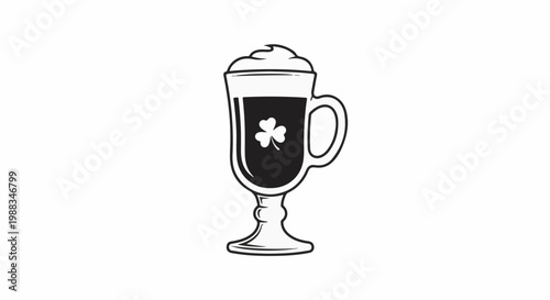 A stylized illustration of a clear mug with dark liquid, topped with cream and a shamrock