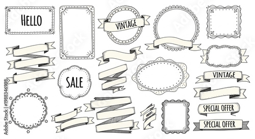 Collection of Hand Drawn Vintage Frames and Banners.