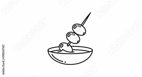 A simple line drawing of olives on a skewer in a dish