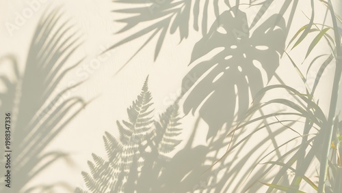 A serene and peaceful background featuring silhouettes of tropical plants against a soft, beige-colored sky