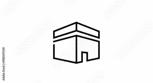 Simple black outline of a cube-shaped building with an entrance