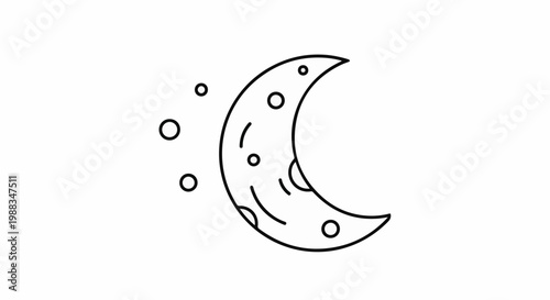 Minimalist line art of a crescent moon with craters and stars