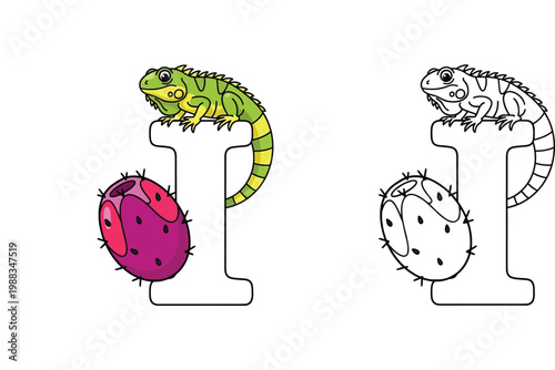 Alphabet Letter I Illustration with Cute Cartoon Iguana and Prickly Pear Fruit, Educational Coloring Page and Color Version for Kids Vector Graphic