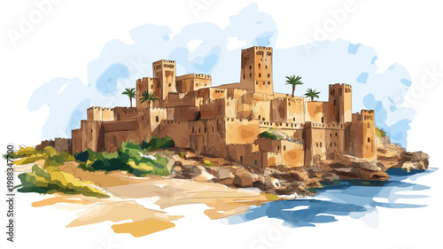 Leptis Magna. Leptis Magna hand drawn watercolor illustration on white background