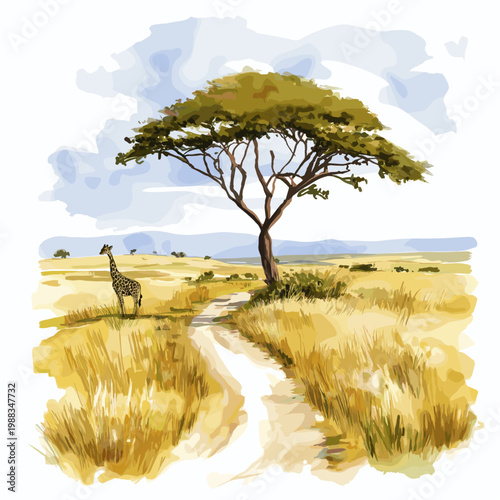 Maasai Mara National Reserve. Maasai Mara National Reserve hand drawn watercolor illustration on white background