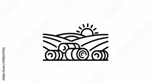 Rolling hills under a sunrise with hay bales in a stylized line art