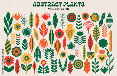 A collection of 115 stylized vector elements. The design is characterized by a vibrant, retro-inspired color palette of forest green, burnt orange, mustard yellow, and deep red.