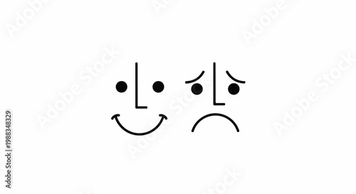Two minimalist faces, one happy, one sad, in black and white