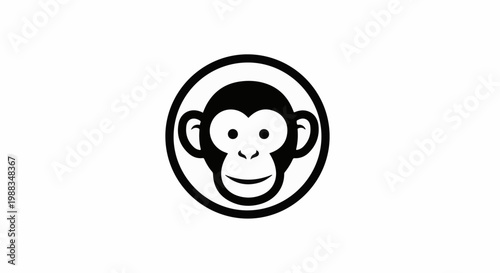 Black and white graphic icon of a monkey face within a circle